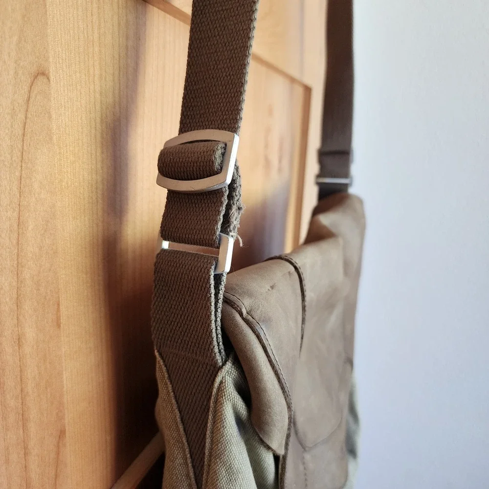 Keen Large Green Brown Leather Canvas Messenger Bag Laptop Book Bag Utility